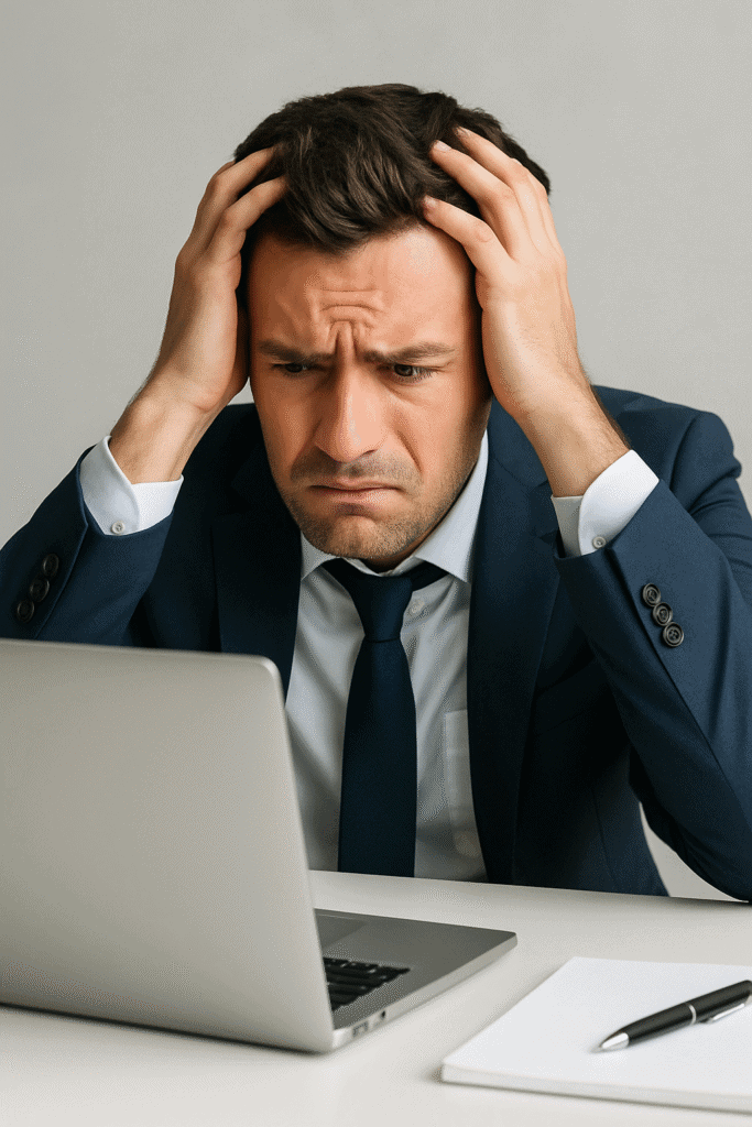 Frustrated man in suit working on laptop — struggling with failed side hustle or financial stress.