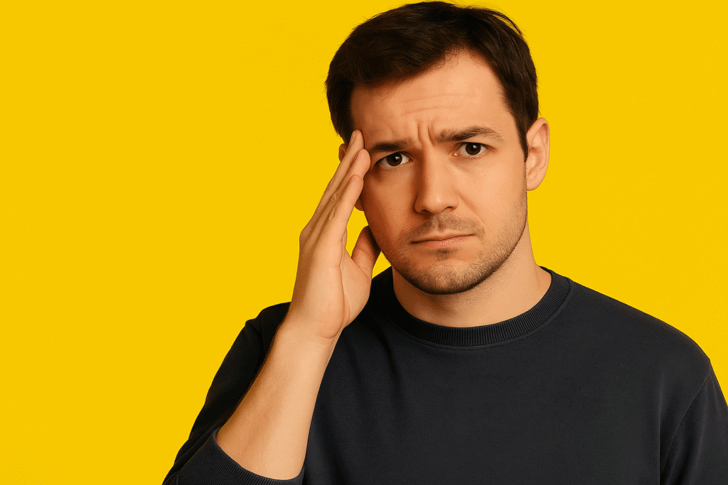 A frustrated man realizing a mistake in his side hustle strategy.