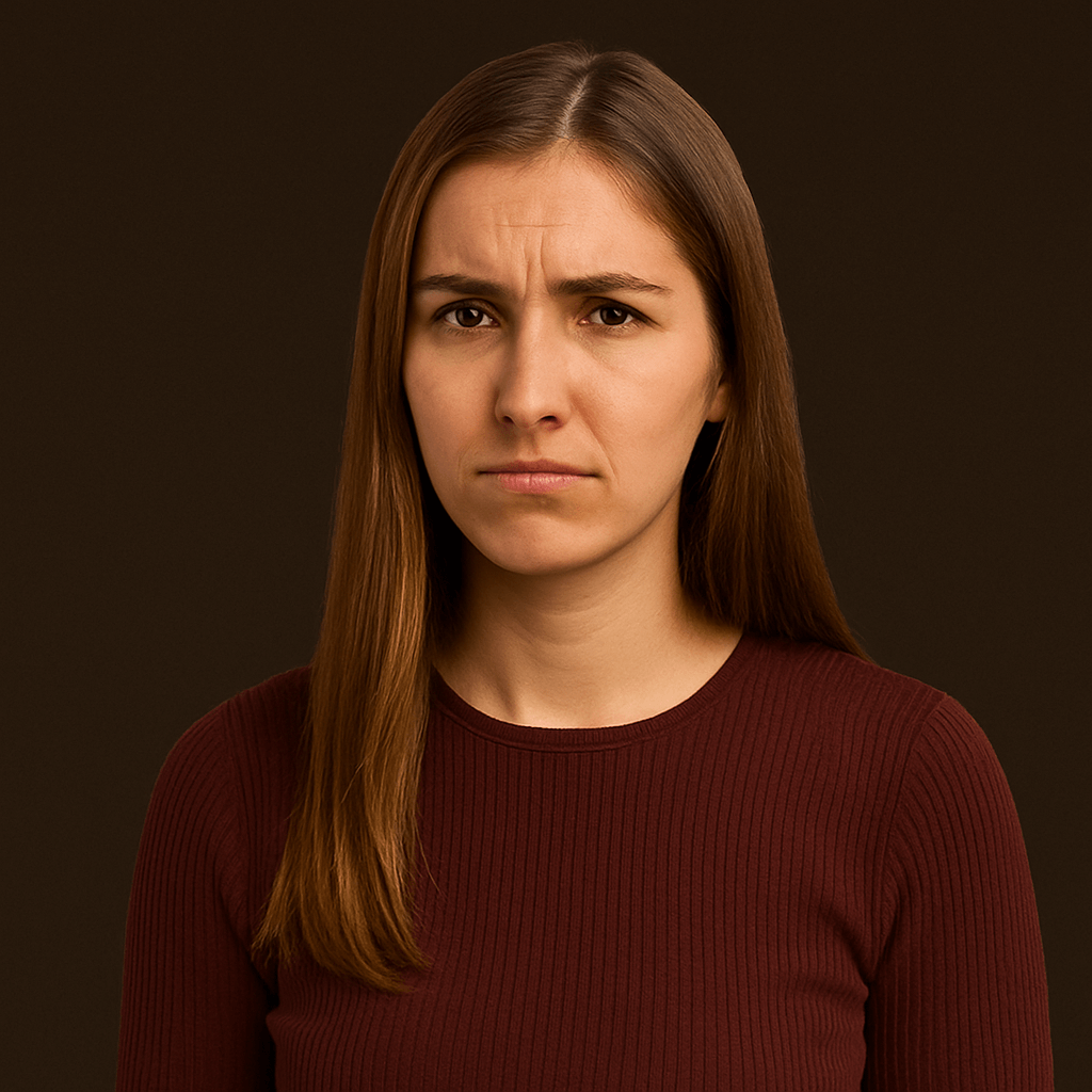 Concerned young woman in a dark red sweater on a brown background, expressing frustration and uncertainty