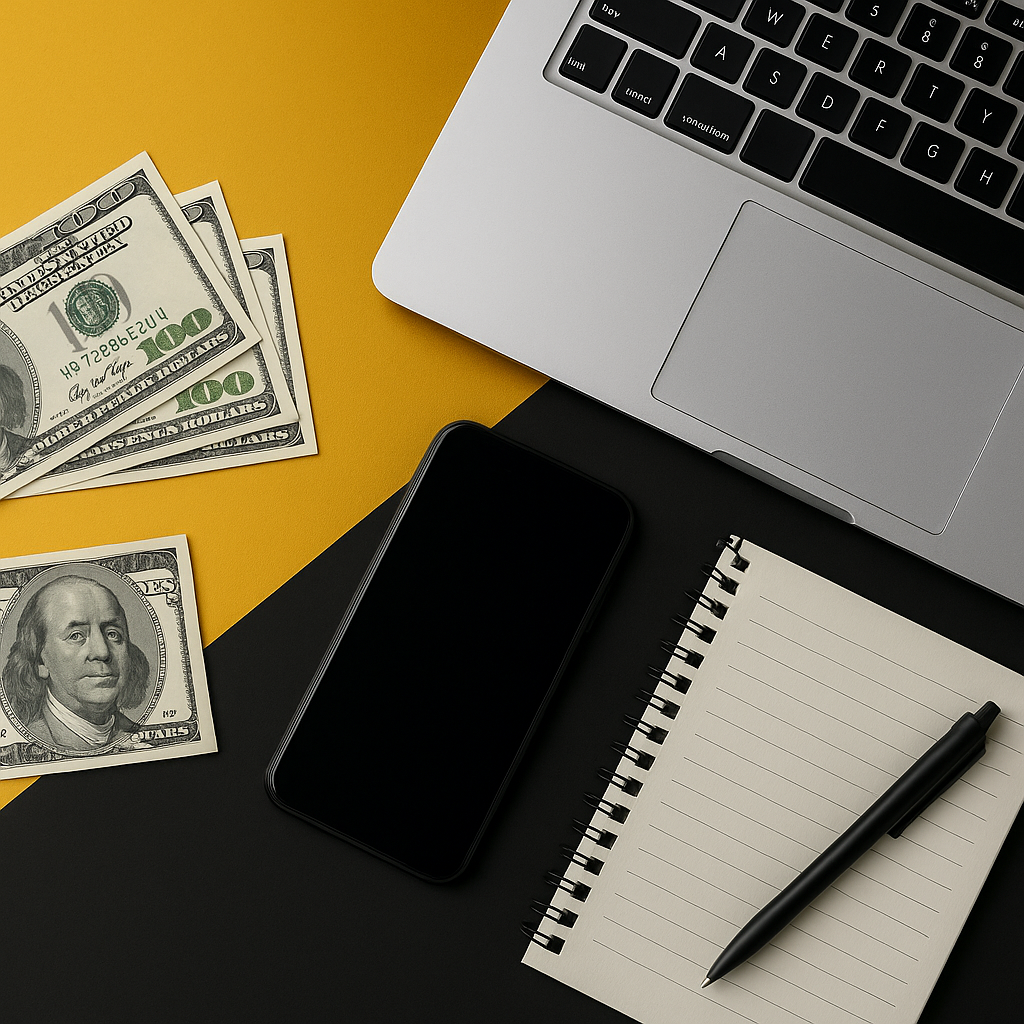 Flat lay of laptop, smartphone, notepad, and dollar bills on a gold and black background representing online hustles that make real money