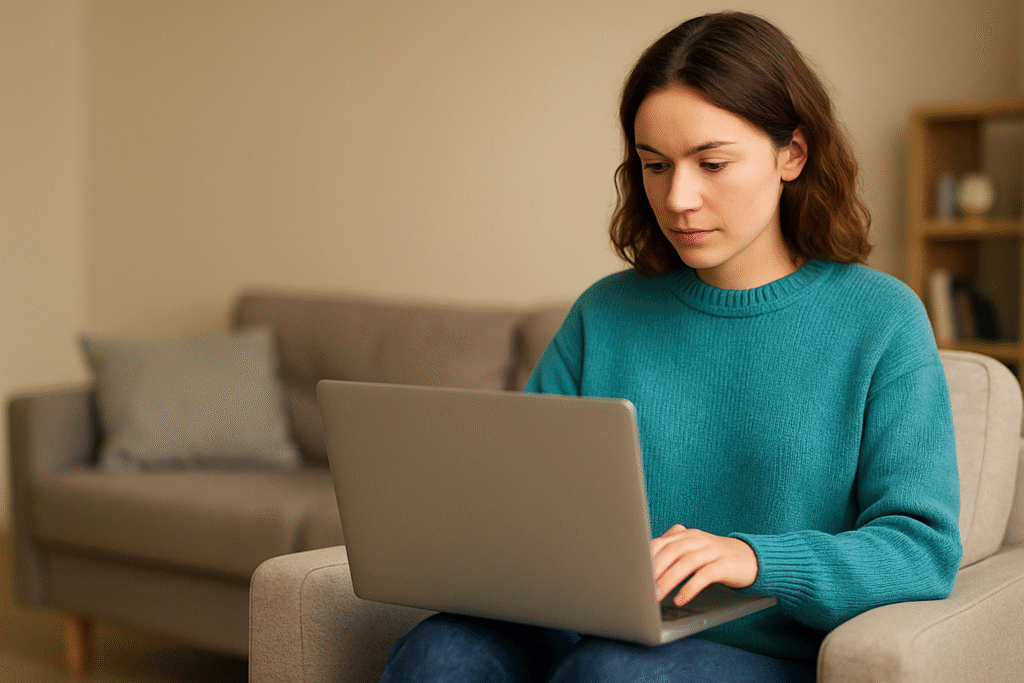 Young woman in teal sweater working on a laptop in a cozy living room, representing remote side hustles and working from home.