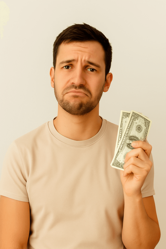 Young man looking thoughtful while holding cash, representing financial frustration despite hard work