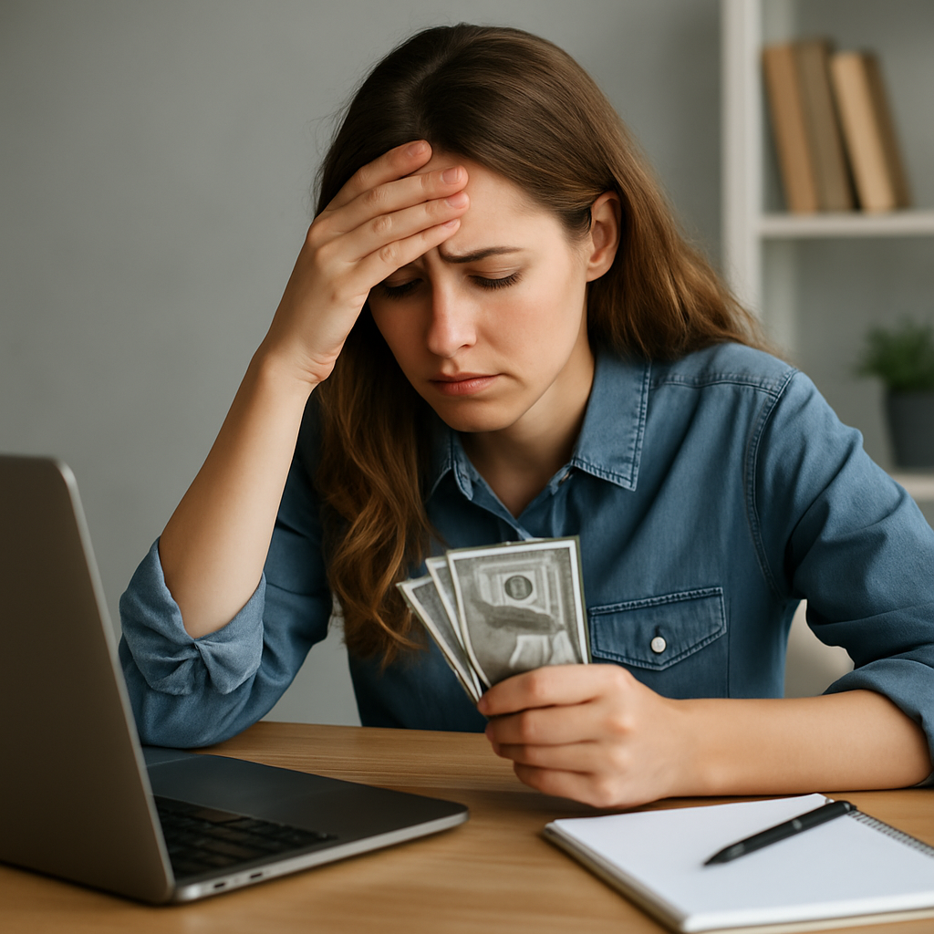 Stressed woman sitting at a desk holding money, laptop and notebook in front of her