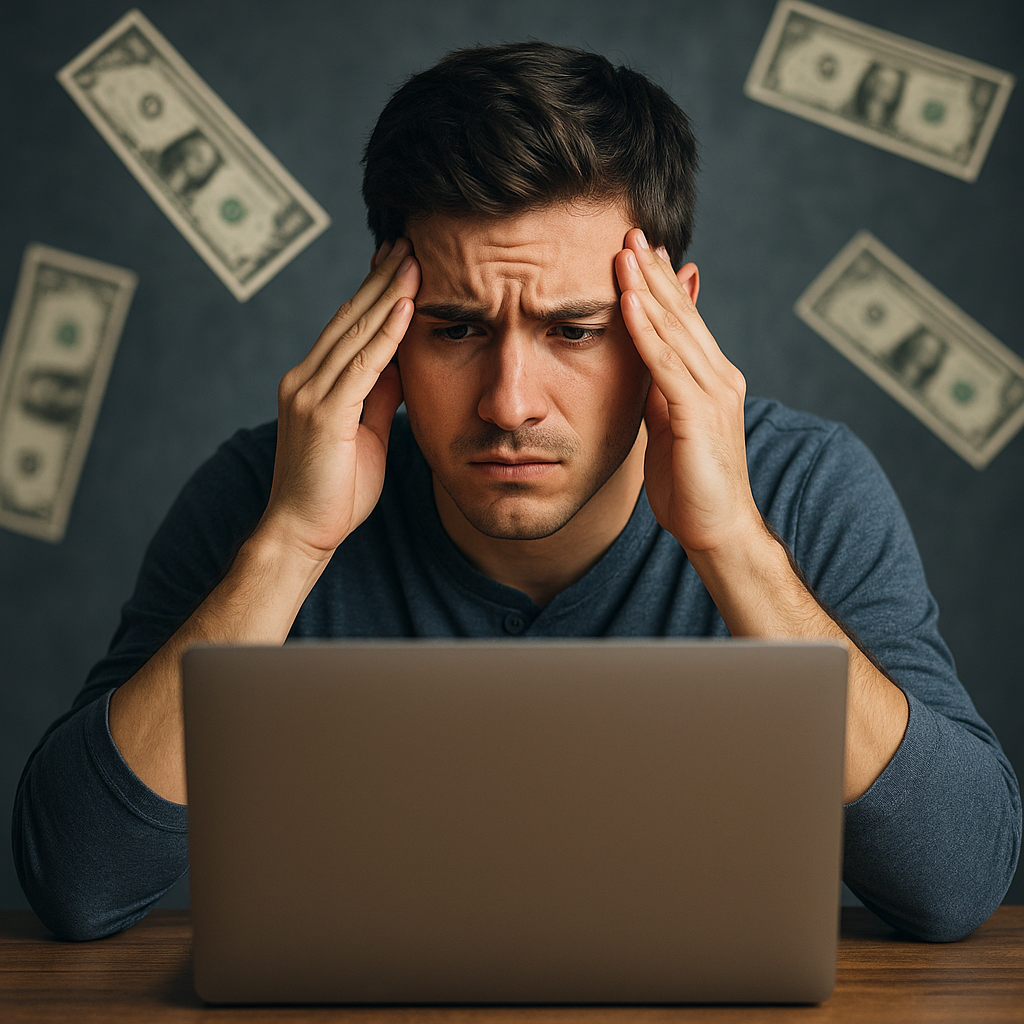 Frustrated young man looking at laptop with dollar bills in the background, representing side hustle struggles and financial challenges.