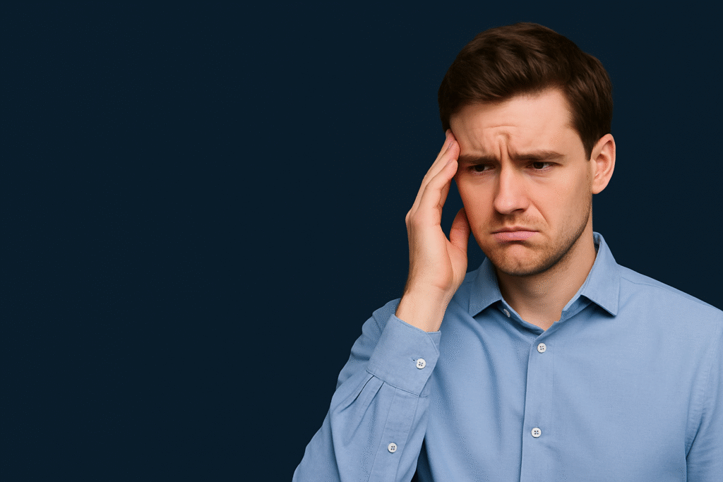Stressed man looking at laptop, overwhelmed by side hustle pressure