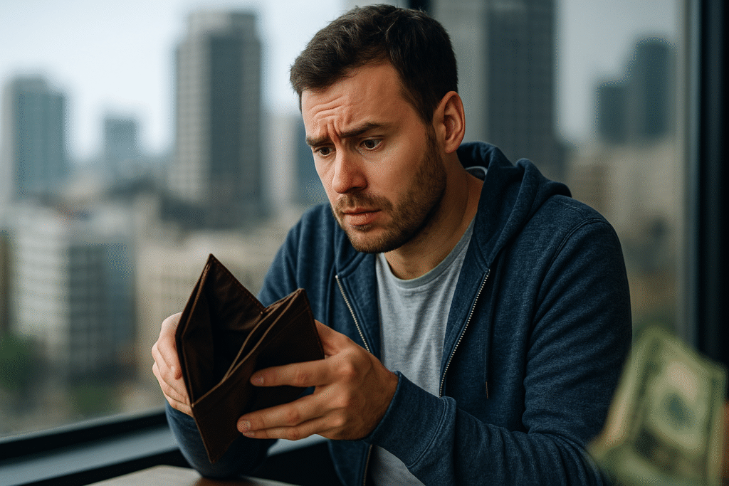 Man holding an empty wallet, looking frustrated, symbolizing why most side hustles fail