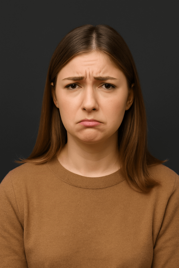 A frustrated young woman staring directly at the camera, expressing financial stress and confusion after failed side hustle attempts.