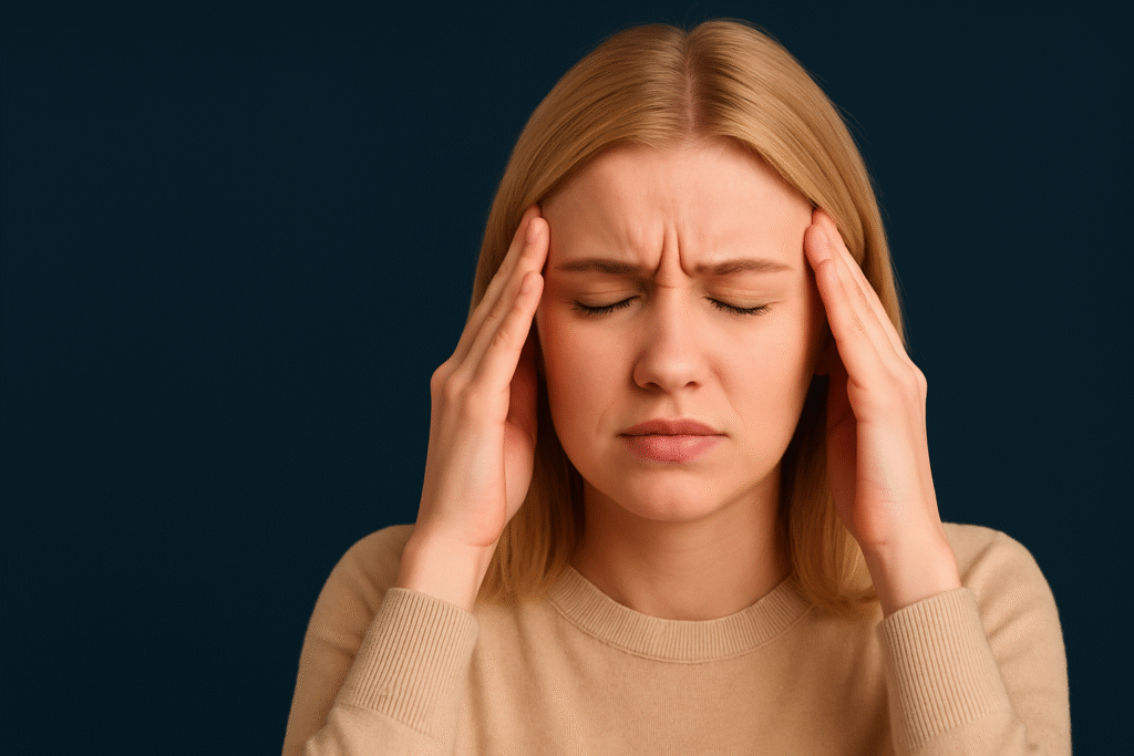 A frustrated blonde woman holding her head, symbolizing the stress of side hustles not turning into real income