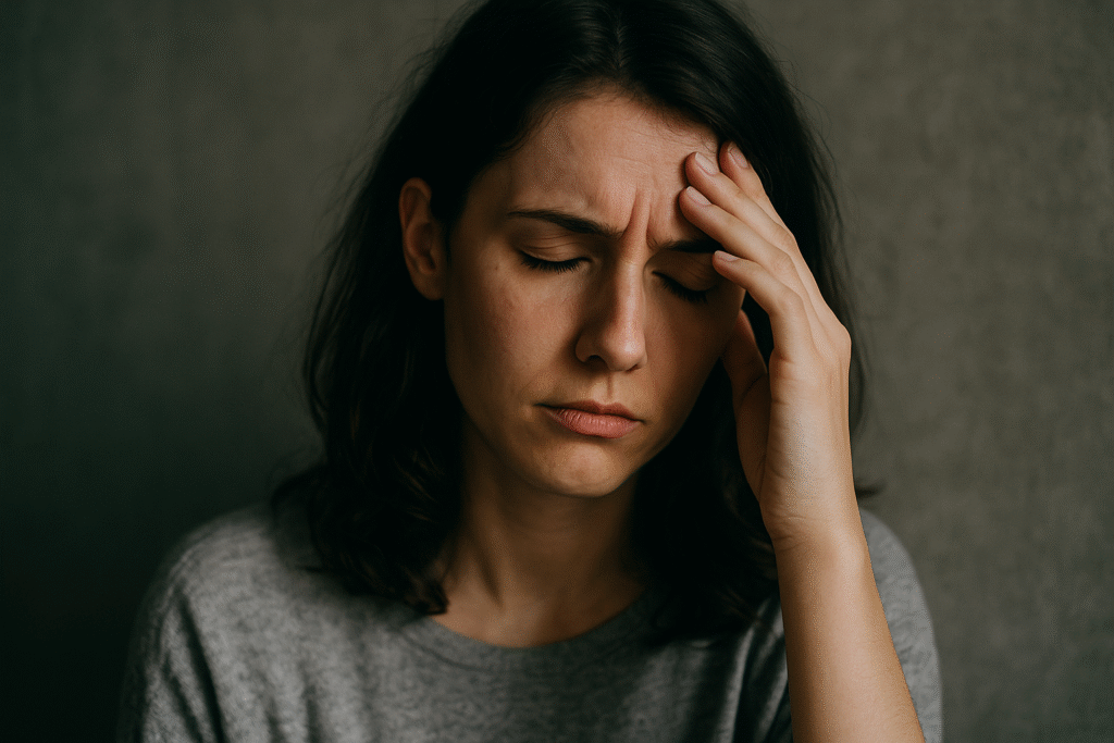 Frustrated young woman with hand on her forehead, showing the stress and failure many people feel when side hustles don’t work.