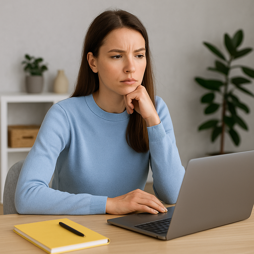 Focused young woman working on a laptop at home with a notebook on the desk — representing time-efficient side hustles.
