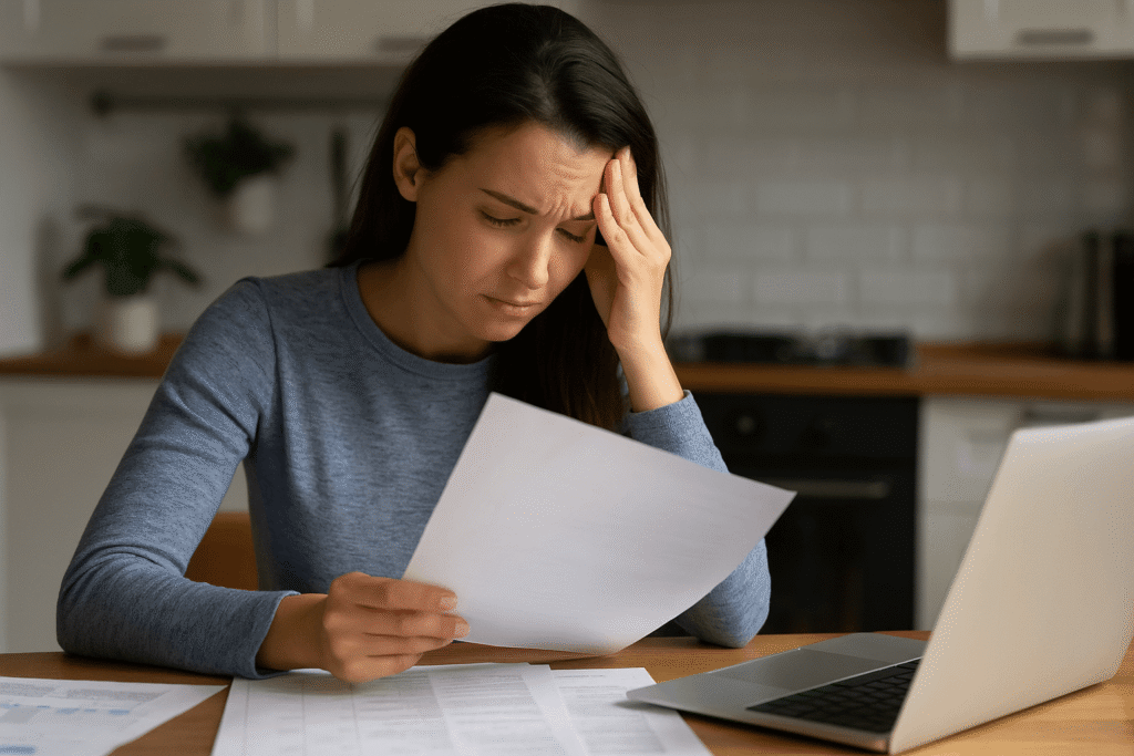 Frustrated woman reviewing documents at home with a laptop, symbolizing being stuck in unhelpful side hustle advice.