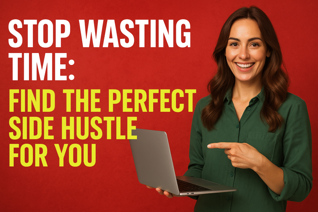 Smiling woman in a green shirt holding a silver laptop against a vivid red and green background, representing confidence and success in finding the right side hustle.