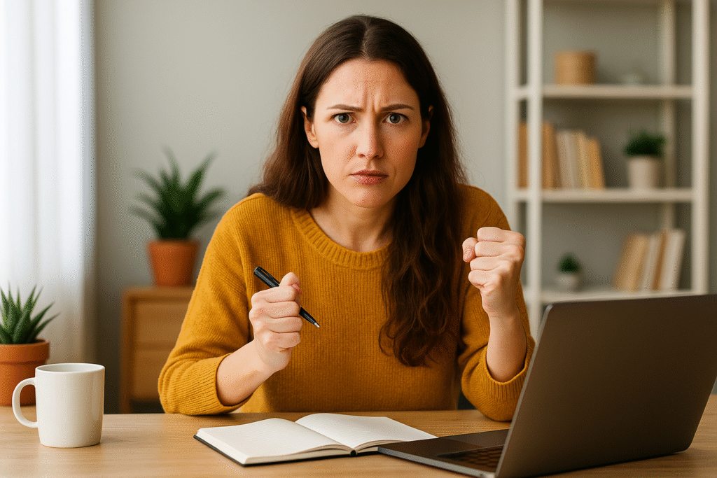 Focused woman working from home at a laptop with coffee and notebook on desk, representing top work from home hustles that pay the bills.