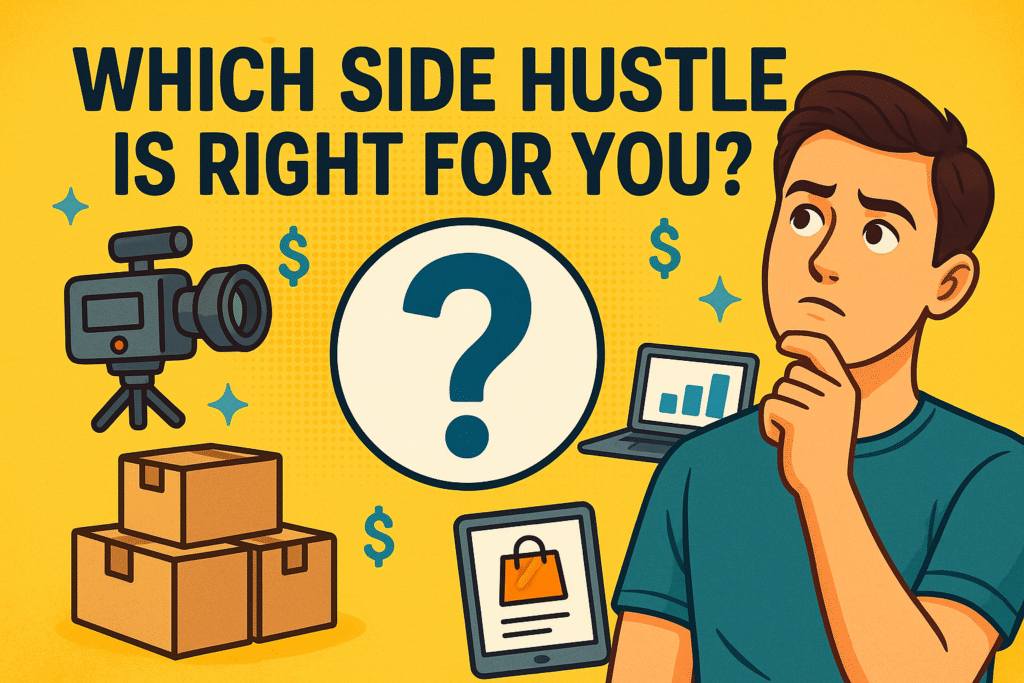Curiosity-driven illustration showing icons of side hustles like a camera, laptop, boxes, and shopping tablet around a question mark — representing finding the right side hustle.