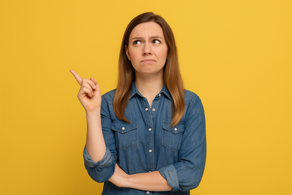 Confused young woman thinking about which side hustle to start, on a clean gold background.