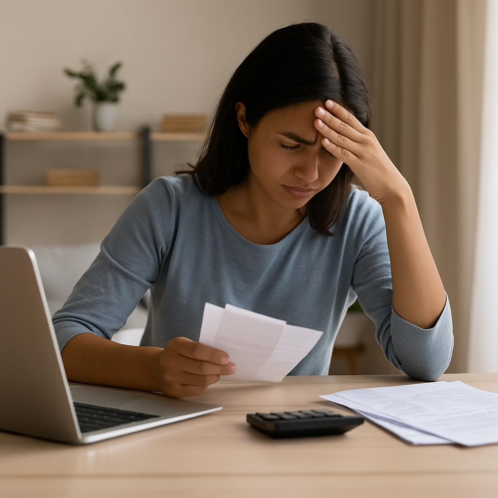 Woman stressed over bills while working from home with laptop and calculator