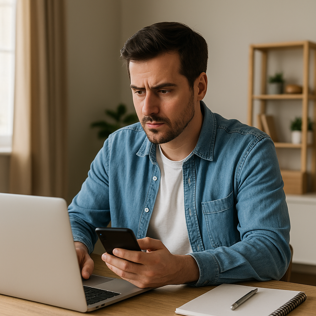 Man working from home using laptop and smartphone in a bright, minimalistic office