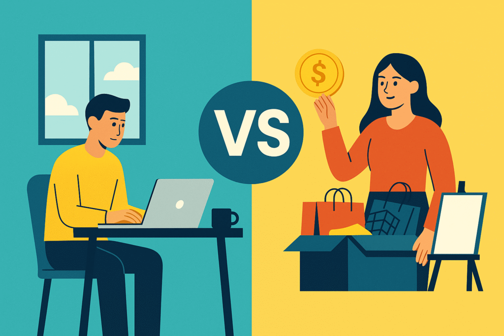 Illustration comparing work from home jobs with side hustles in 2025