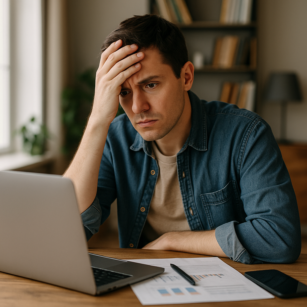 Young man working from home at a desk with a laptop, looking thoughtful about finances