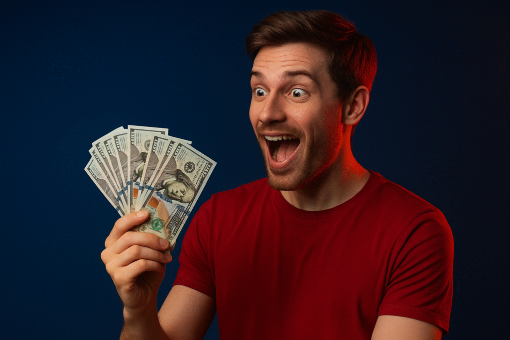 Excited young man holding cash, symbolizing best side hustles to make $1,000 a month in 2025, high-energy money success image.