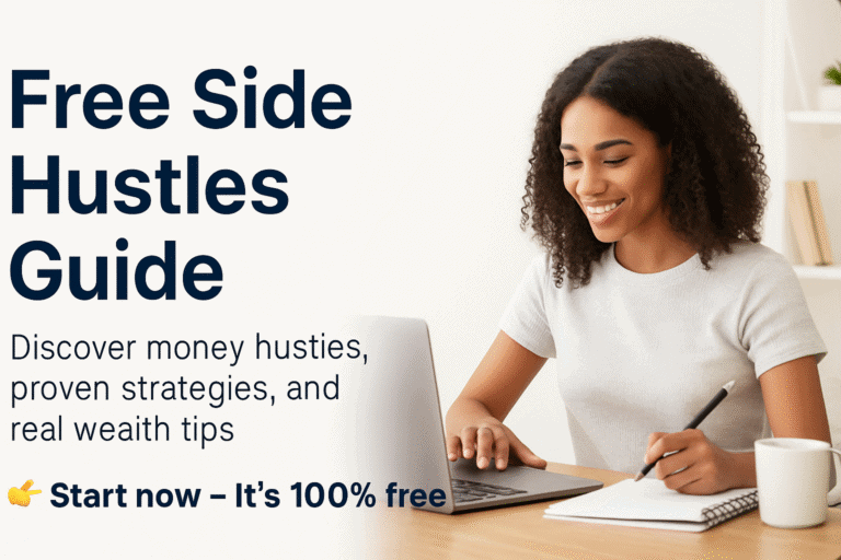 Free Side Hustles Guide – Woman working from home on laptop, building income through money hustles and wealth strategies.