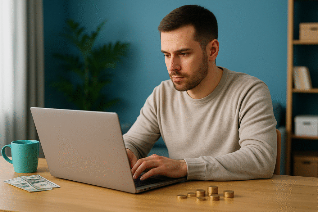 Man working from home on a laptop with coffee mug, dollar bills, and coins on the desk — symbolizing side hustle ideas you can start with no experience in 2025.