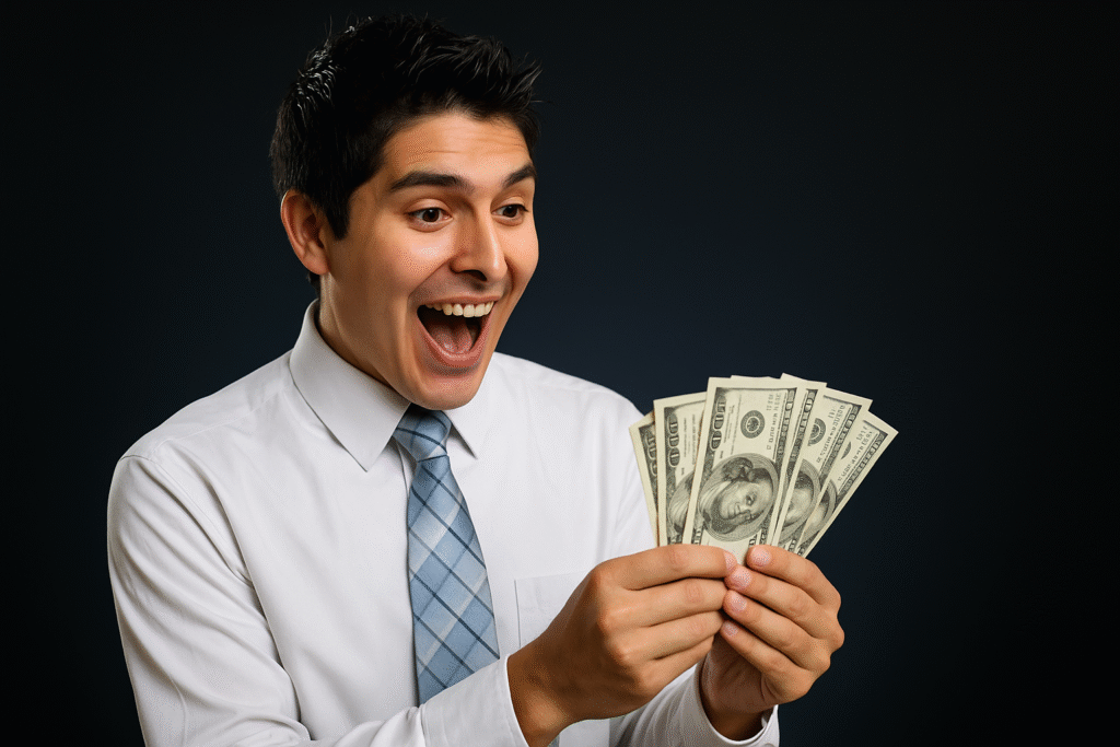 Excited young man holding cash, symbolizing success with starting from zero side hustles.