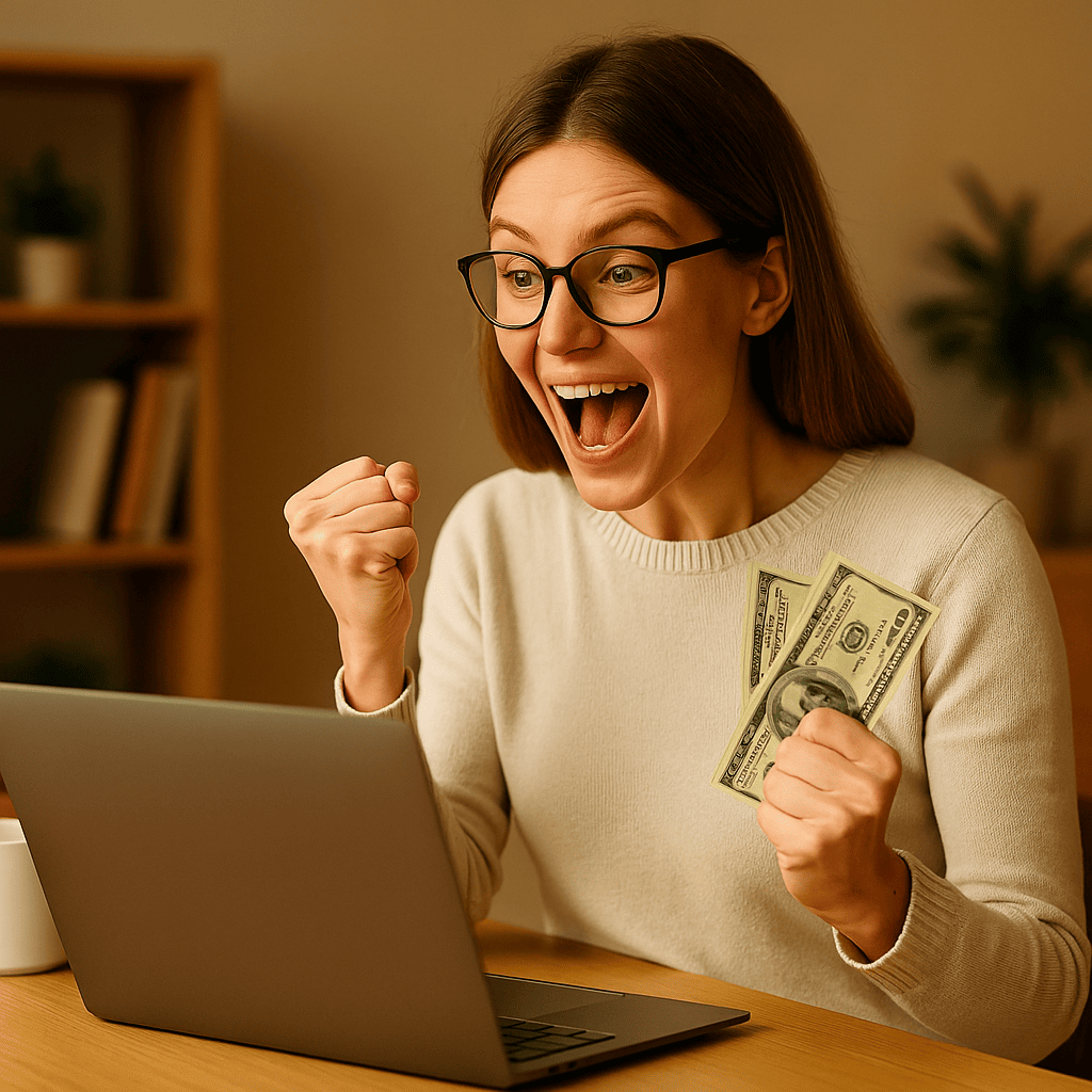 Work from home side hustles 2025 blog image showing a woman at her laptop smiling and holding money, representing earning income from home.